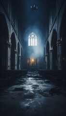 Gothic abandoned dark church interior. Mystic, horror, surreal, dramatic scene. Halloween realistic disturbing background. Digital 3D illustration wallpaper