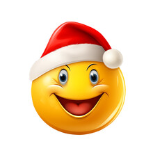 Yellow Smiley Emoji Wearing Christmas Santa Claus Hat, Isolated On Transparent Background. 3D Illustration, Cartoon Character