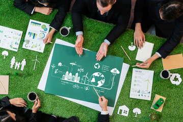 top view esg investment project with business leaders in meeting, brainstorm and invest in green pro