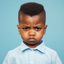 Portrait Of An Angry African Little Boy With Brown Hair. Closeup Face Of A Furious African American Child On A Blue Background Looking At The Camera. Front View Of An Outraged Kid In A Blue Shirt.