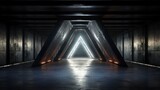 Fototapeta Na sufit - Dark empty concrete interior, neon, reflection. Generation AI