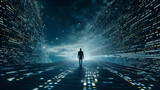 Fototapeta Londyn - Silhouette of a lonesome man roaming in a surreal dark blue virtual cyberspace with big walls of data, walking toward a bright horizon 