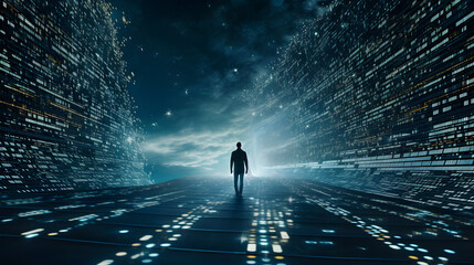 Silhouette of a lonesome man roaming in a surreal dark blue virtual cyberspace with big walls of data, walking toward a bright horizon 