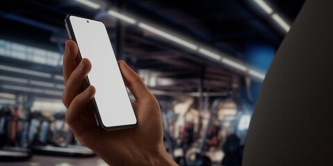 CU Caucsaian man using phone in a gym, coachint training sports app mockup