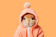 © ADDICTIVE STOCK - Generative AI illustration of charming bunny dressed in a cozy pink hoodie with a pom pom set against a soft orange background