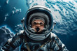 © ADDICTIVE STOCK - Generative AI image of a little cute baby wearing Extravehicular Mobility Unit and helmet walking in outer space against planet