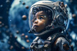 © ADDICTIVE STOCK - Generative AI image of an ethnic African American baby astronaut with afro hairstyle wearing Extravehicular Mobility Unit and helmet walking in outer space against spaceship