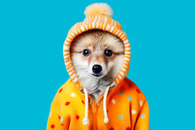 Generative AI Illustration Of Delightful Dog Adorned In An Orange Polka-dotted Hoodie With A Matching Pom-pom Hat Set Against A Vivid Blue Background