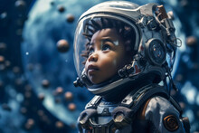 Generative AI Image Of An Ethnic African American Baby Astronaut With Afro Hairstyle Wearing Extravehicular Mobility Unit And Helmet Walking In Outer Space Against Spaceship