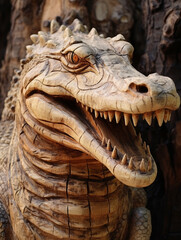 Poster - A Detailed Wood Carving of an Alligator