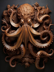 Poster - A Detailed Wood Carving of an Octopus