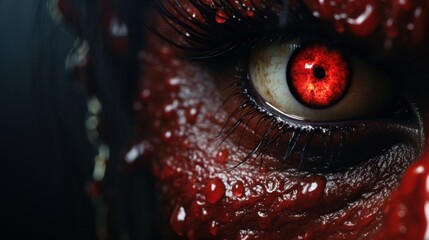 Wall Mural - The eye of a vampire is shown with blood on it, AI