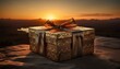 Close up macro empty historical gift box at sunrise ultra realistic photography.