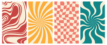 Groovy Hippie 70s Vector Backgrounds Set. Chessboard And Twisted Patterns. Backgrounds In Trendy Retro Trippy Style. Twisted And Distorted Vector Texture In Trendy Retro Psychedelic Style