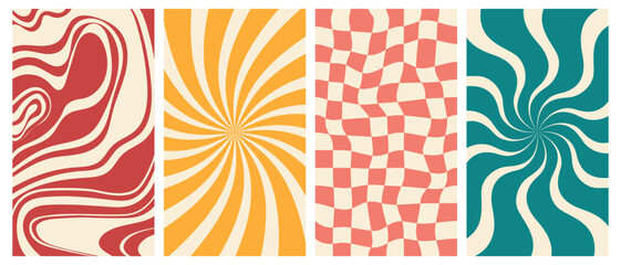 Wall Mural - Groovy hippie 70s vector backgrounds set. Chessboard and twisted patterns. Backgrounds in trendy retro trippy style. Twisted and distorted vector texture in trendy retro psychedelic style