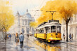 life drawing of a Lisboa, streets, yellow tranvia, walking people, monochrome watercolor