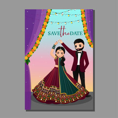 Wall Mural -  Wedding invitation card the bride and groom cute couple in traditional indian dress cartoon character