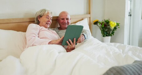 Wall Mural - Senior, couple and tablet in bed smile or online connection, social media reading or internet scroll. Man, woman or digital connectivity and laugh in home partnership or talk, streaming or web