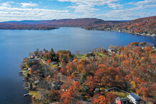 Culvers Lake Frankford NJ On A Sunny Autumn Day With Fall Foliage Aerial 