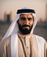 Middle aged Muslim man with a handsome face, dressed as a Saudi Arabian sheikh, photographed against a blurred background of the Dubai desert.