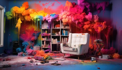 Room with rainbow colors paint explosion, Backdrop for photo studio, room background for an artist or painter photography