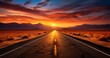 Straight forward road trip travel leading to sunset with the desert on the left and right and future vision concept, Generative AI