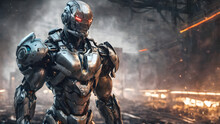 Close-up Of A Robot Cyborg Standing In A Forest. The Robot Is Made Of Metal And Has A Sleek, Futuristic Design. The Robot Is Looking Directly At The Camera With A Determined Expression On Its Face