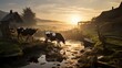 A Glimpse into Morning Moments on a Cattle Farm. The Essence of Dawn on a Rural Cattle Farm. Generative AI