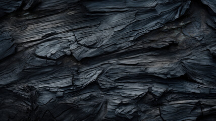 Wall Mural - Burned wood texture background, black charcoal close-up. Abstract charred timber, pattern of dark scorched tree. Concept of smoke, coal, grill, embers, barbecue, firewood, fire