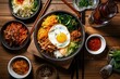 AI generated illustration of a variety of fresh, delicious Korean food including kimchi and bibimbap