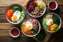 AI generated illustration of a variety of fresh, delicious Korean food including kimchi and bibimbap