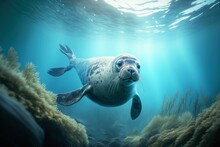 AI Generated Illustration Of A Gray Seal Swimming Gracefully In An Underwater Environment