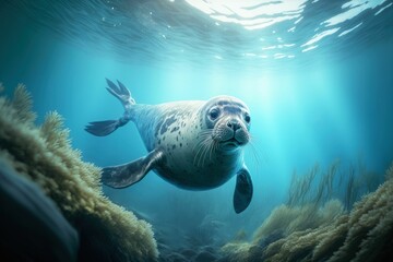 AI generated illustration of a gray seal swimming gracefully in an underwater environment