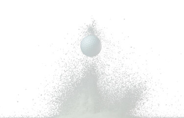 Golfer training practice in middle of snow night. Sport training golf ball falling down snow, heavy big small size snows. Freeze shot on black background isolated overlay.