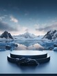 mockup of a podium that stands on a iceberg for a product presentation, on background cold snow-capped mountains and ice, generative ai