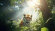 AI generated illustration of a growling majestic tiger in a lush jungle