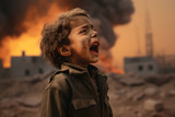 Fototapeta Kosmos - a child crying with dust on the face and clothes, a war background, a distracted city, and fire in the background generative ai concept