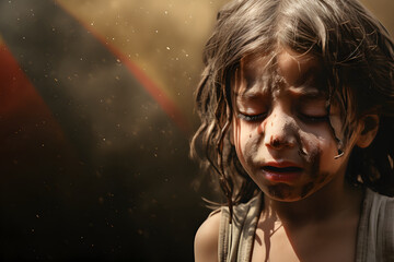 a child crying with dust on the face and clothes, a war background, a distracted city, and fire in the background generative ai concept