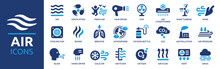 Air Icon Set. Containing Ventilation, Air Conditioner, Fan, Wind, Blow, Oxygen, Breathe, CO2, Pollution And More. Vector Solid Icons Collection.