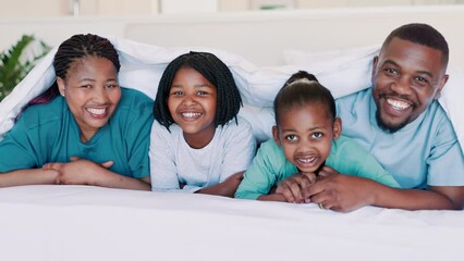 Poster - Dad, mother or portrait of happy kids in bedroom for support or care at home with smile or love on holiday. Morning, black family or face of parents with African children siblings, mom or father