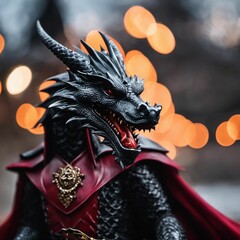 AI-generated illustration of An ornate black dragon figurine wearing a red cape and coat