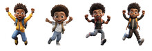 Group Of 3D Cartoon Character African American Students Boys Overjoyed Excited Happy Cool Fun Celebrating, Full Body Isolated On White And Transparent Background