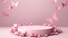 Butterfly Podium Background Pink 3D Flower Pedestal Rose Stage Cosmetic Wedding Platform. Background Podium Gold Butterfly Arch Floral Beauty Spring Presentation Shop Paper Day Product Mockup Showcase