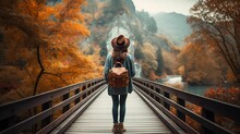 AI Generated Illustration Of A Female Hiker On A Wooden Bridge In A Forest In Autumn