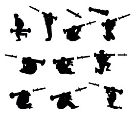 Set of silhouette vector illustrations of soldiers holding anti-tank missiles