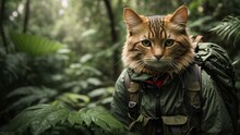 An Adventurous Cat With A Backpack And Map Is Exploring A Dense Jungle, Peering Curiously At Exotic Plants And Curious Creatures.Generative AI