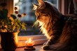 A cat sits on a windowsill in an apartment, illuminated by the light of a nearby candle next to a vase of flowers