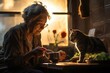 An elderly woman with silver hair basks in the golden hues of the setting sun as she enjoys her tea and chats with her cat, seated before her on the table