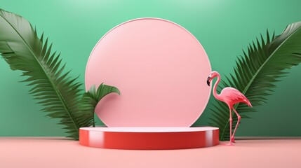 Sticker - Summer 3D podium background flamingo pink product pedestal party scene display beach. Podium platform 3D palm summer vacation backdrop pastel isolated spring studio stand flower template holiday.