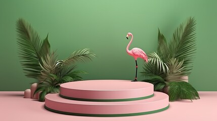 Sticker - Summer 3D podium background flamingo pink product pedestal party scene display beach. Podium platform 3D palm summer vacation backdrop pastel isolated spring studio stand flower template holiday.